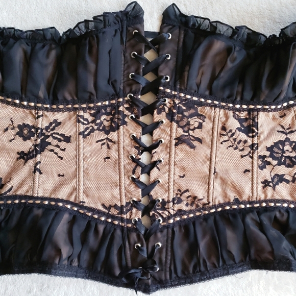 Tan Black Mesh Lace Overbust Corset Bustier Top Y2K vintage nwt - Picture 8 of 17